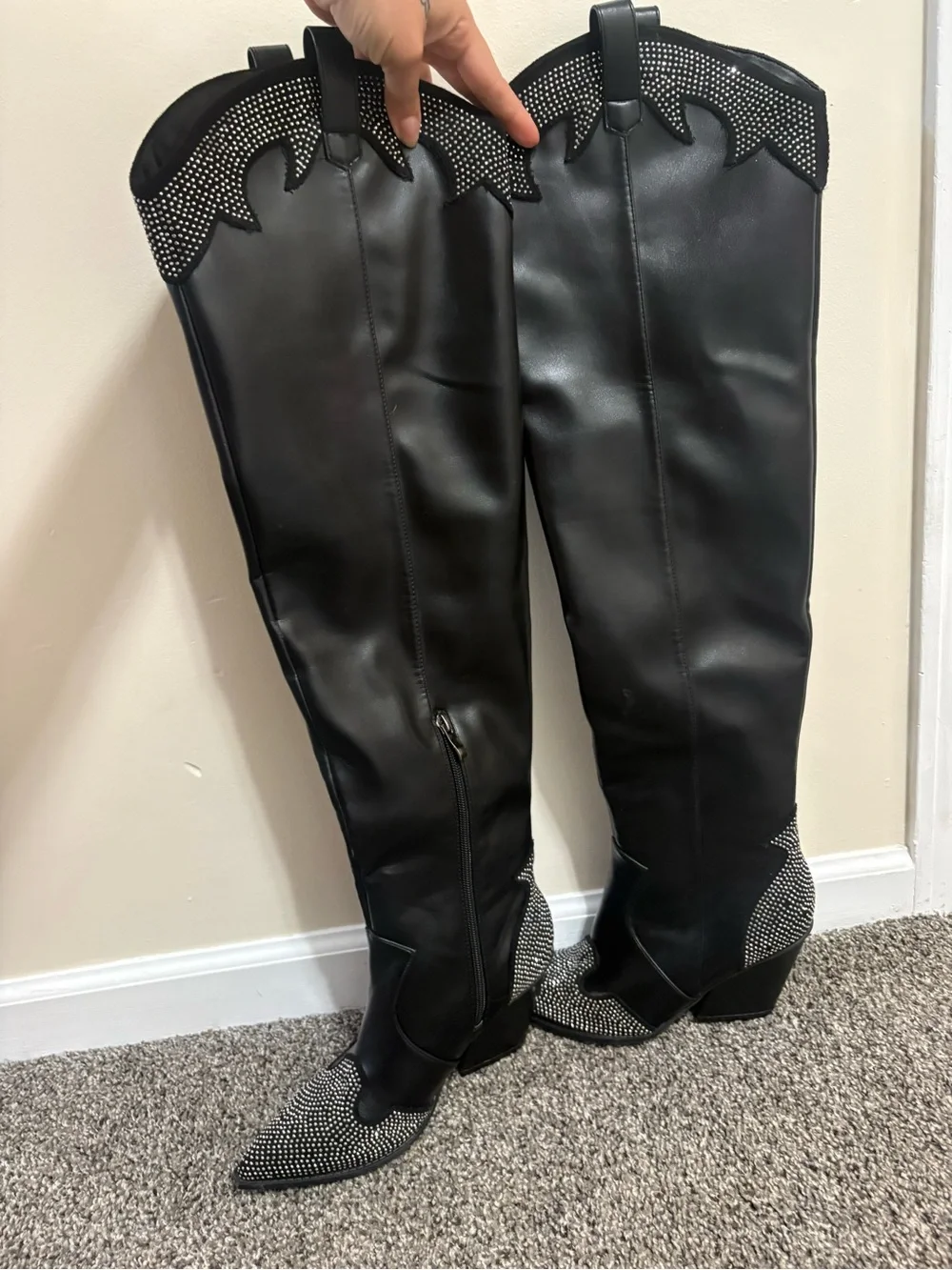 Black Studded Over-the-Knee Western Boots